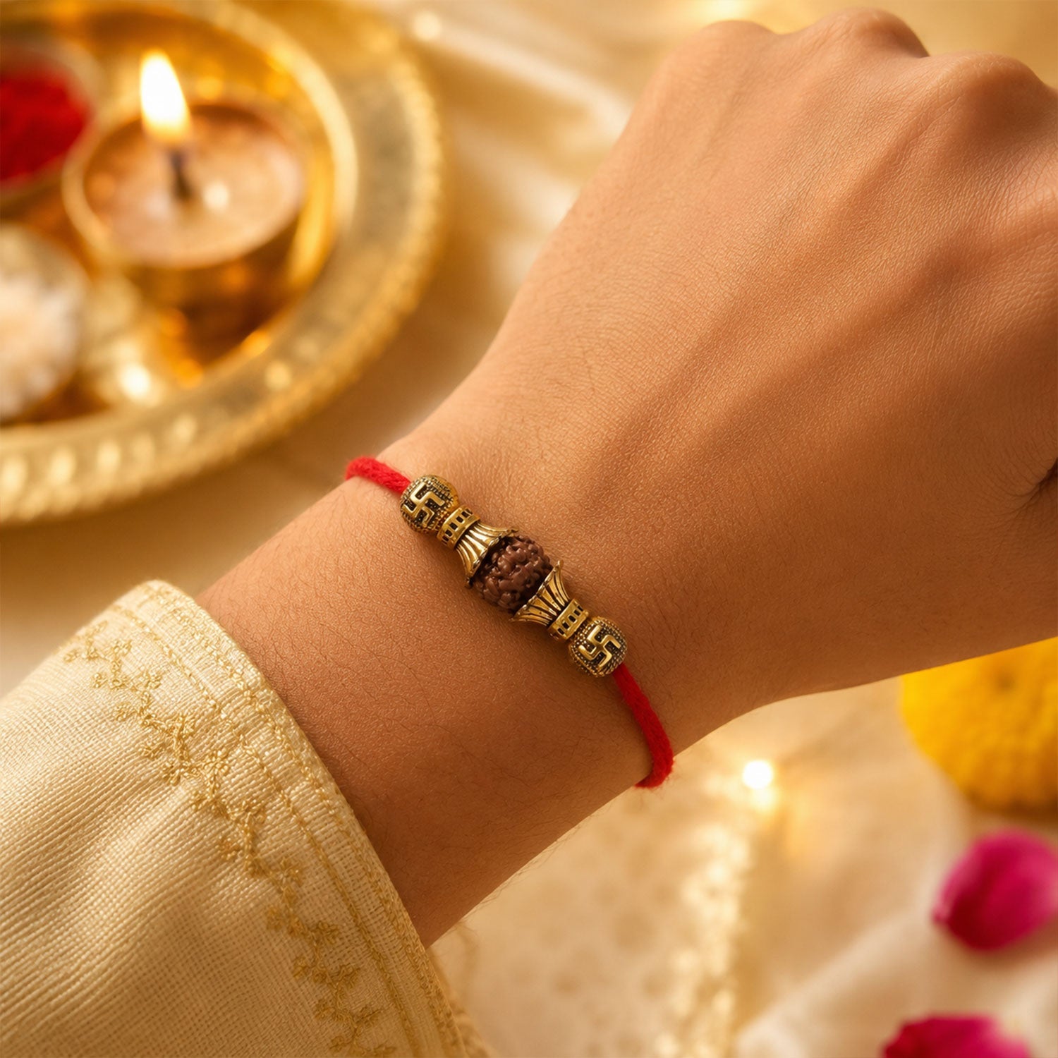 Rudraksha Bead Swastik Charm Designer Rakhi for Brother