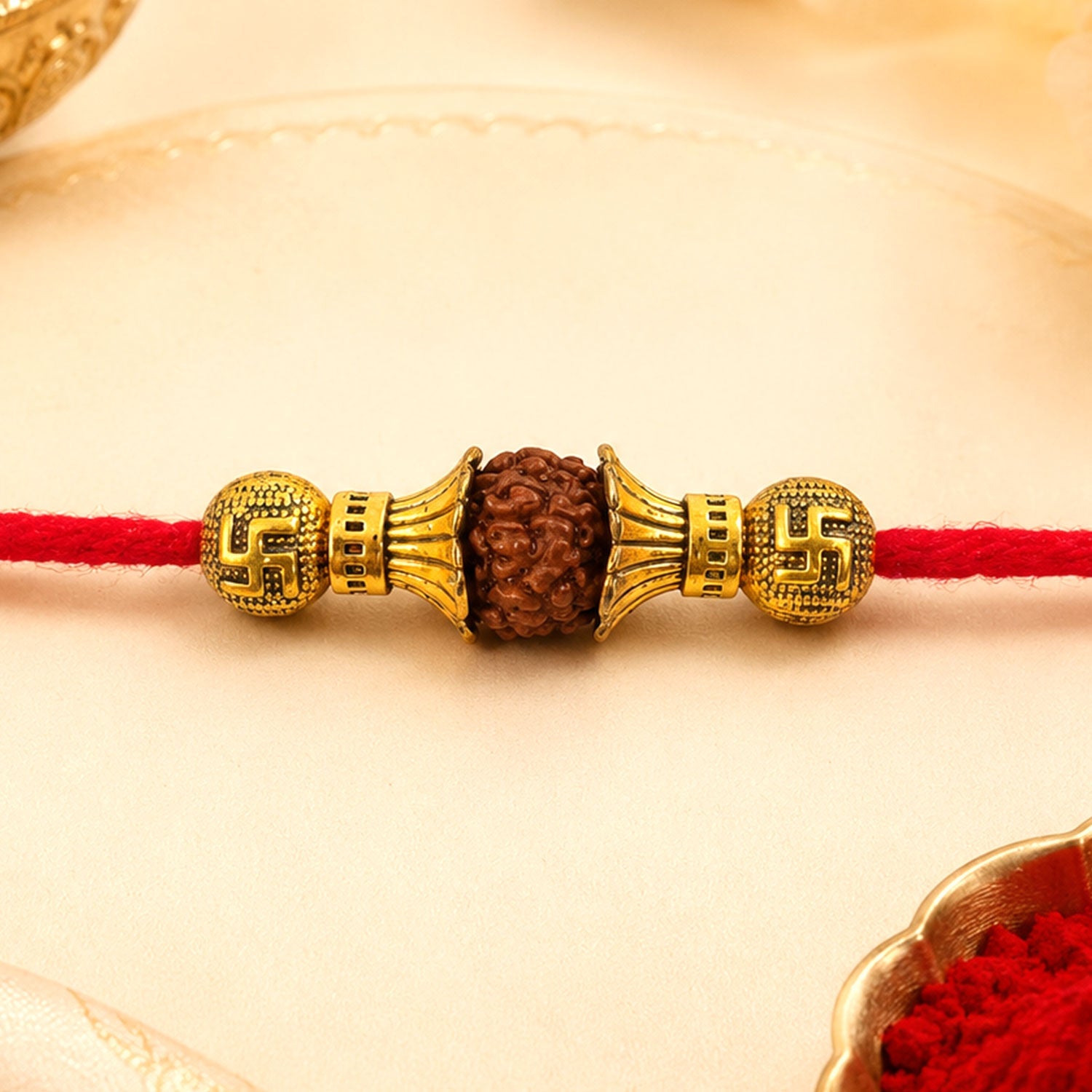 Rudraksha Bead Swastik Charm Designer Rakhi for Brother