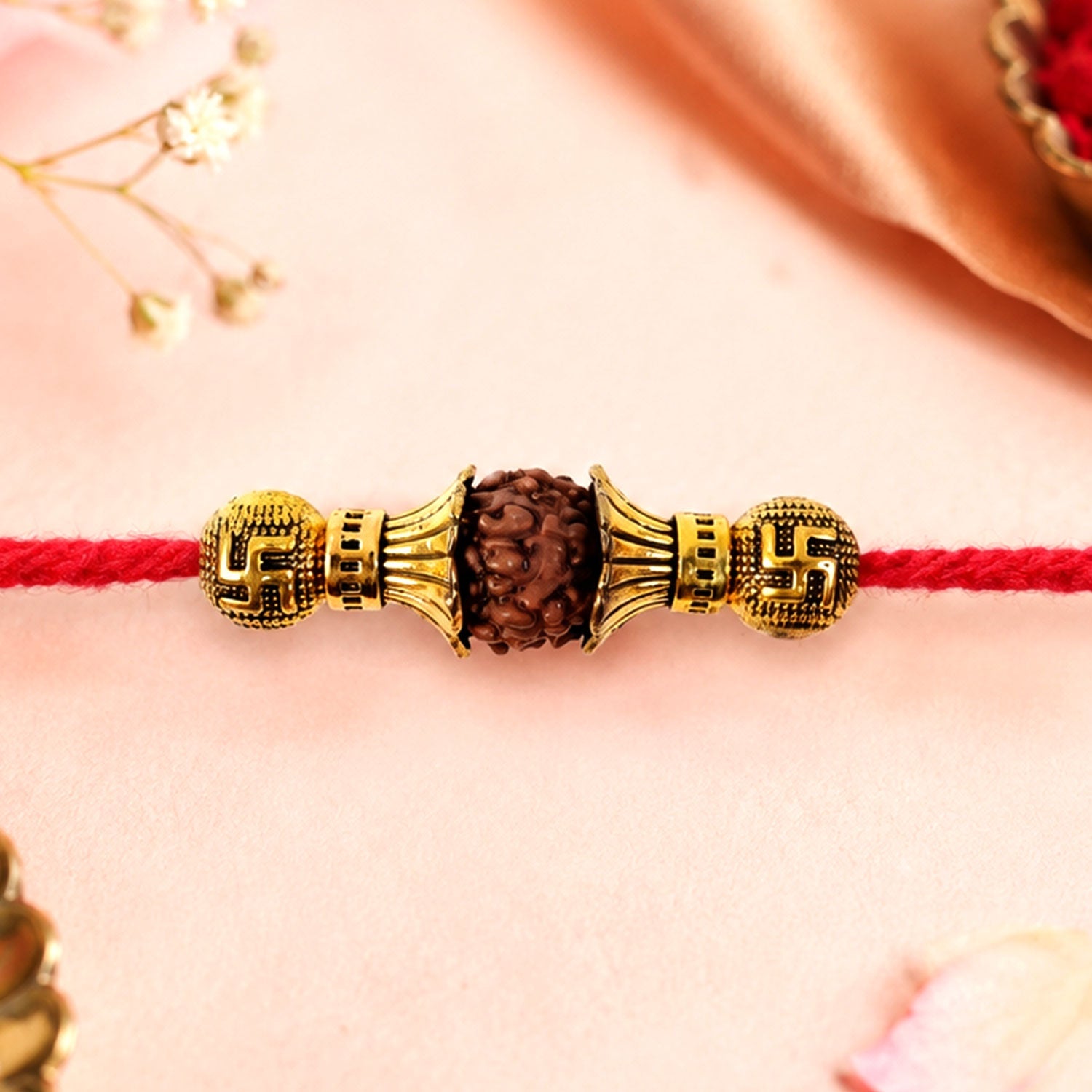 Rudraksha Bead Swastik Charm Designer Rakhi for Brother