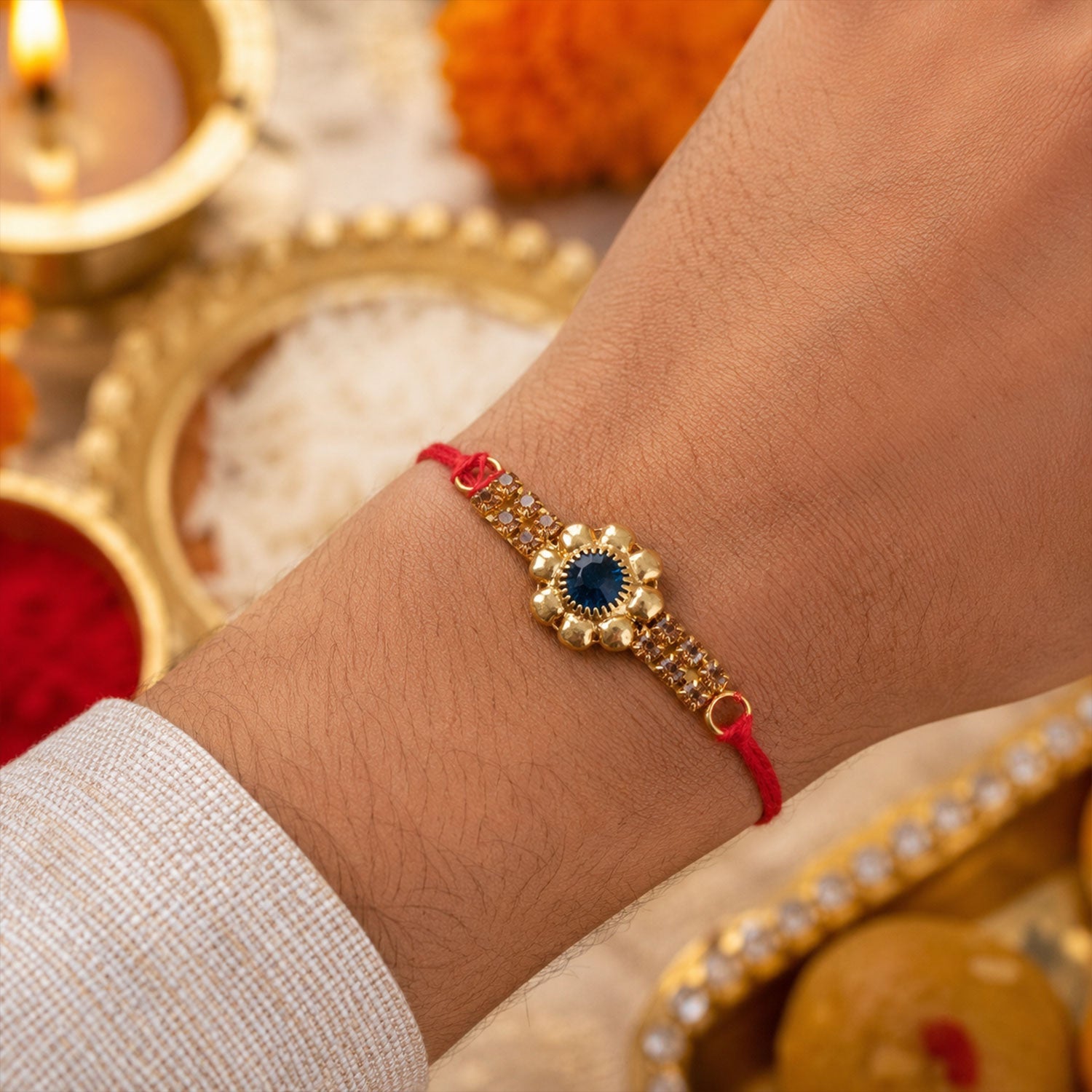 Floral Stone Center Designer Premium Traditional Rakhi for Brother