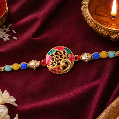 Round Peacock Stone Designer Premium Traditional Rakhi for Brother