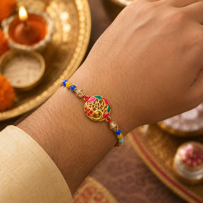 Round Peacock Stone Designer Premium Traditional Rakhi for Brother