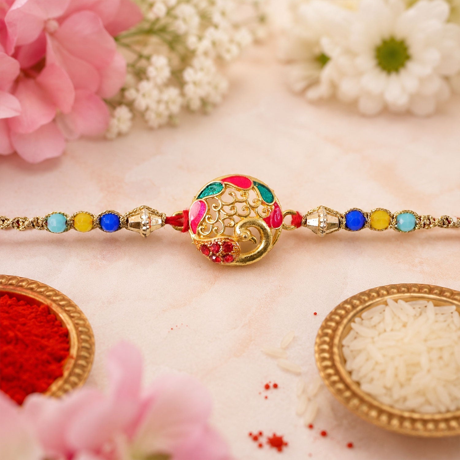 Round Peacock Stone Designer Premium Traditional Rakhi for Brother