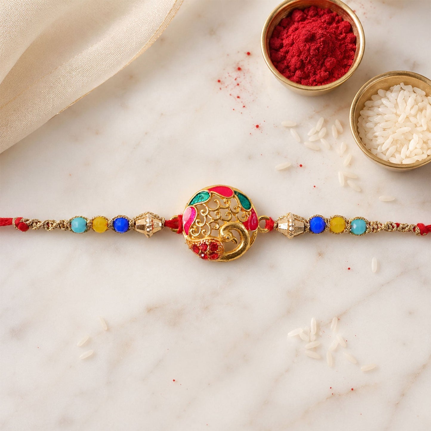 Round Peacock Stone Designer Premium Traditional Rakhi for Brother