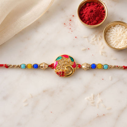 Round Peacock Stone Designer Premium Traditional Rakhi for Brother