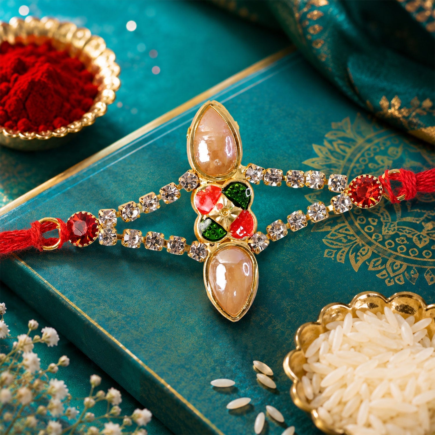 Petal Stone Studded Designer Premium Traditional Rakhi for Brother