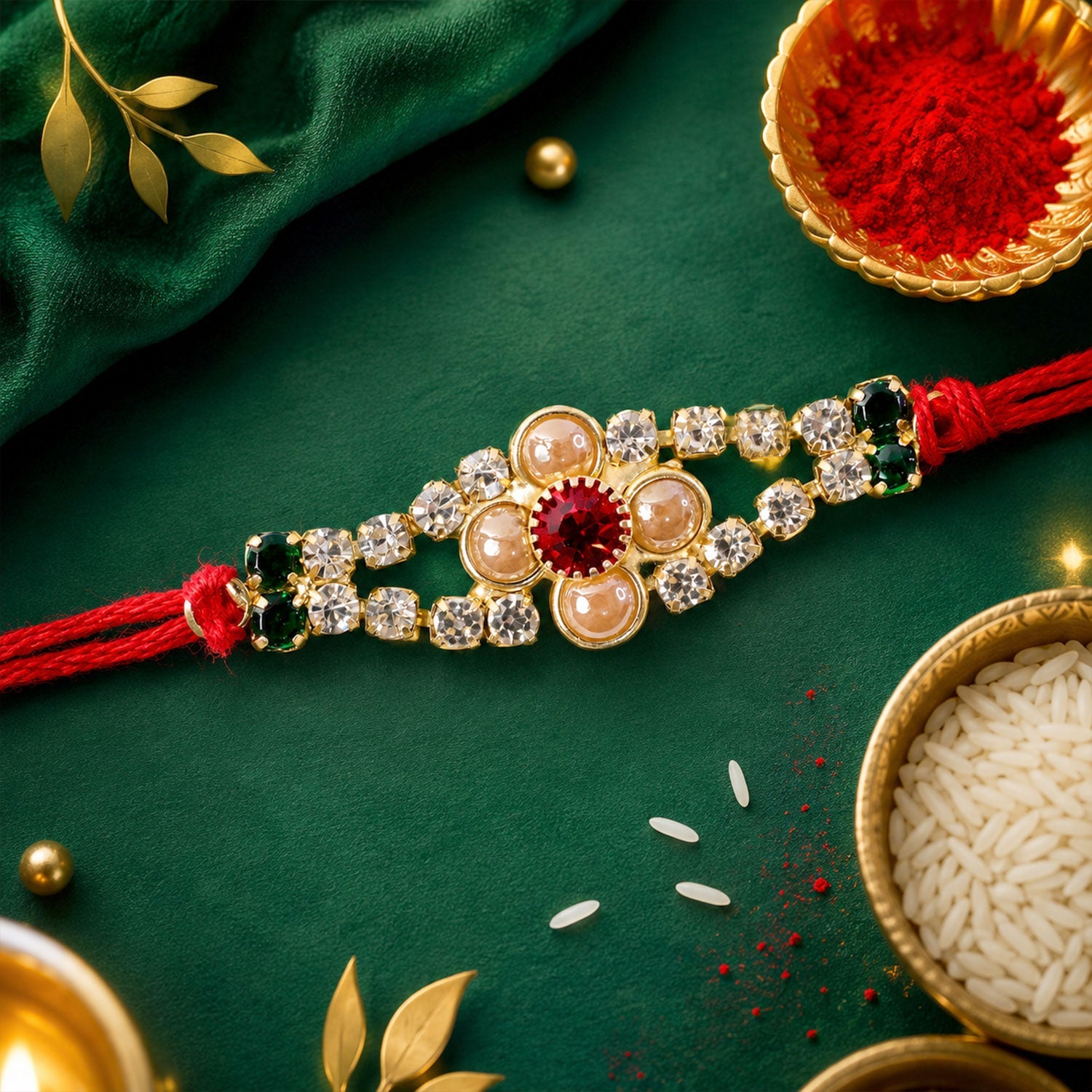 Floral Bar Stone Studded Premium Designer Traditional Rakhi for Brother