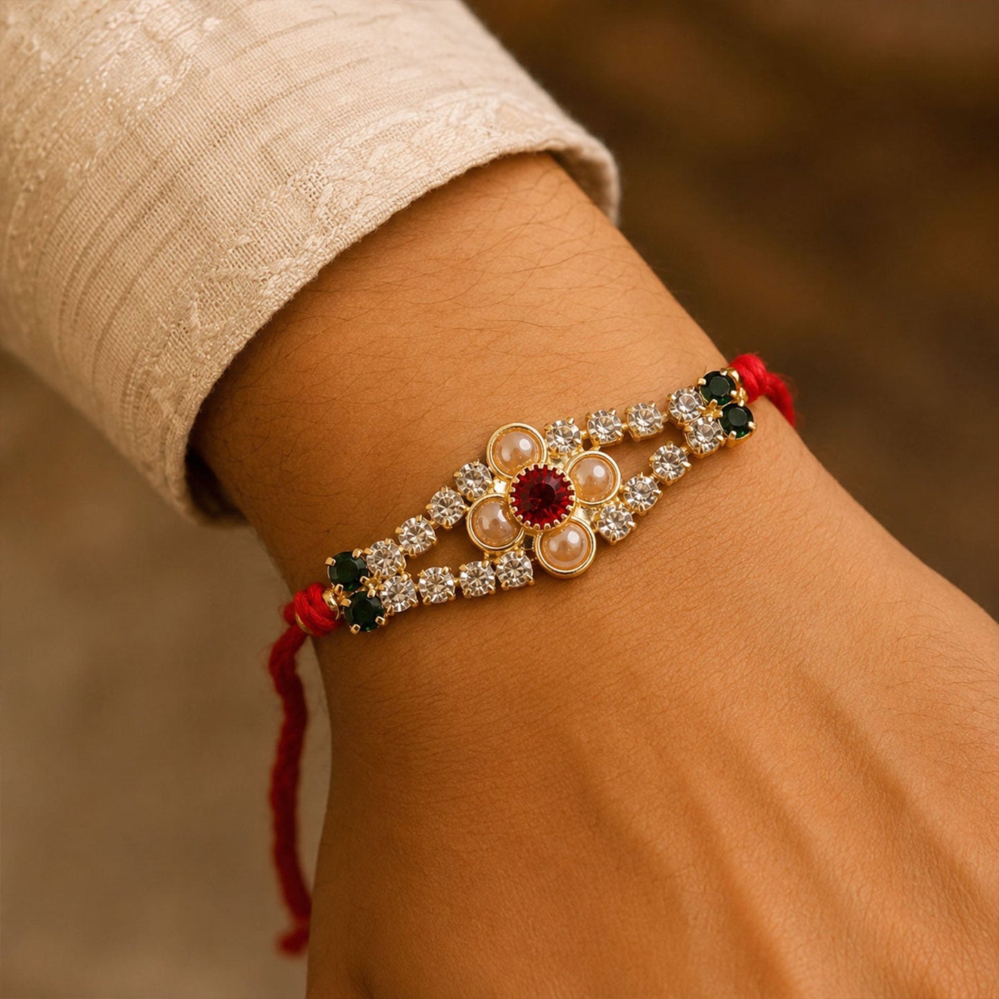 Floral Bar Stone Studded Premium Designer Traditional Rakhi for Brother