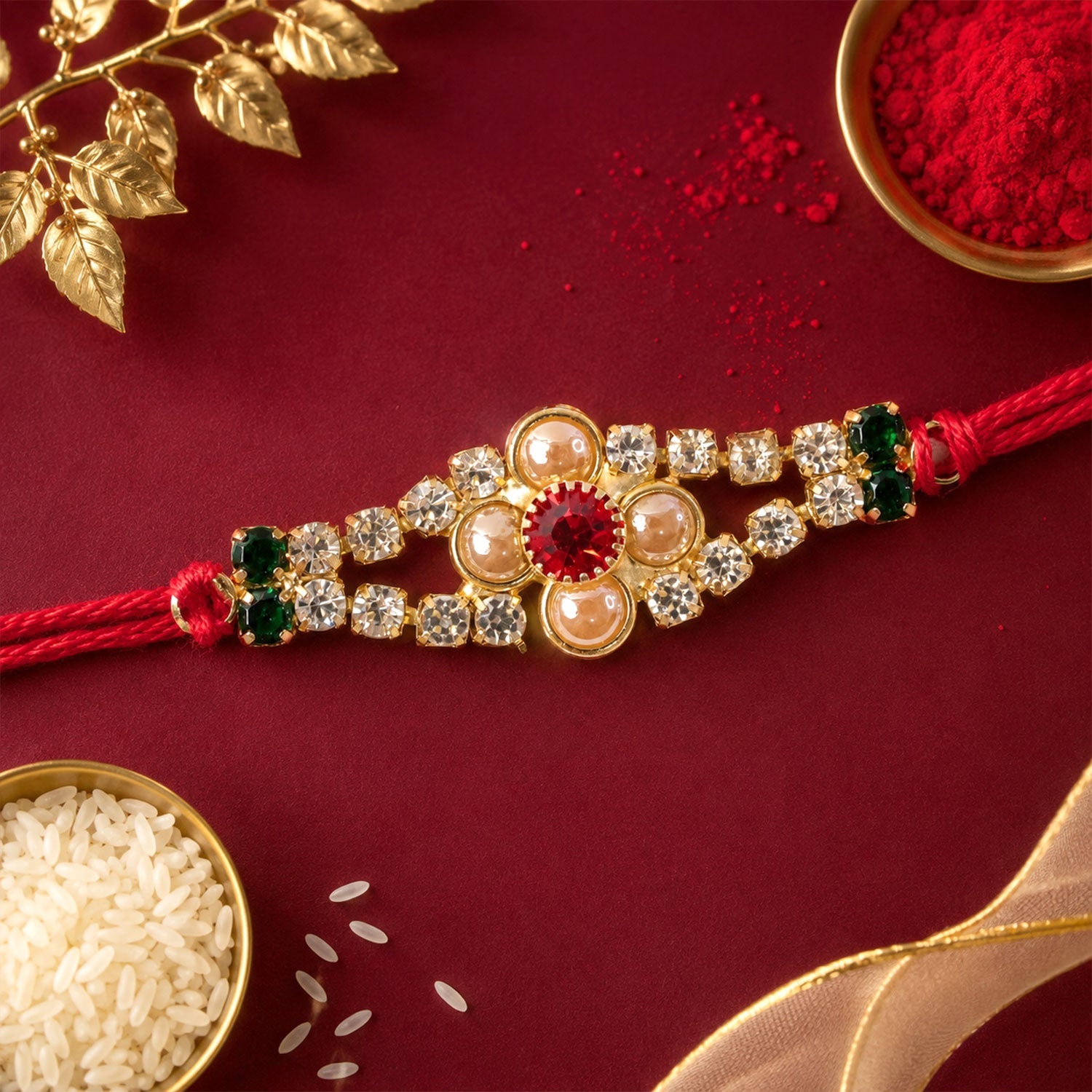 Floral Bar Stone Studded Premium Designer Traditional Rakhi for Brother