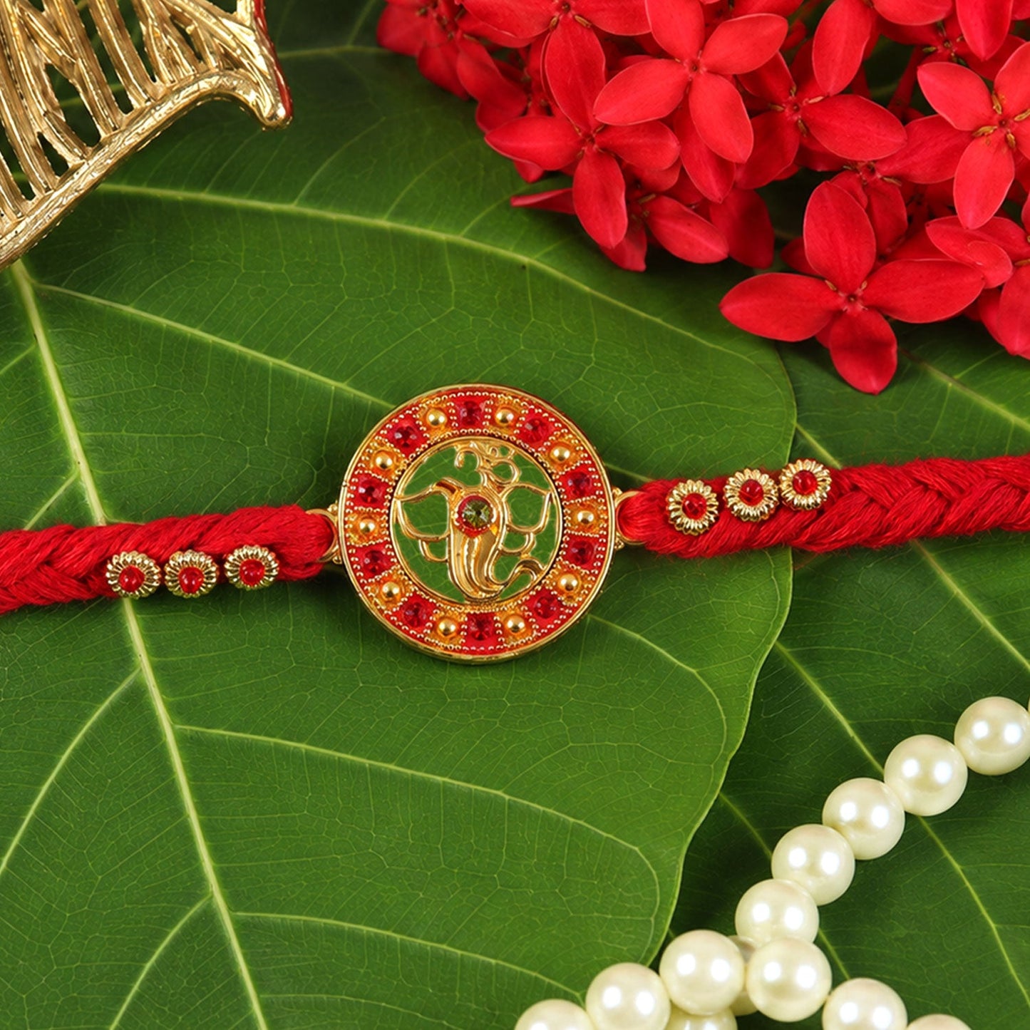 Divine Ganesha Round Rakhi with Stone Studded Border Rakhi for Brother