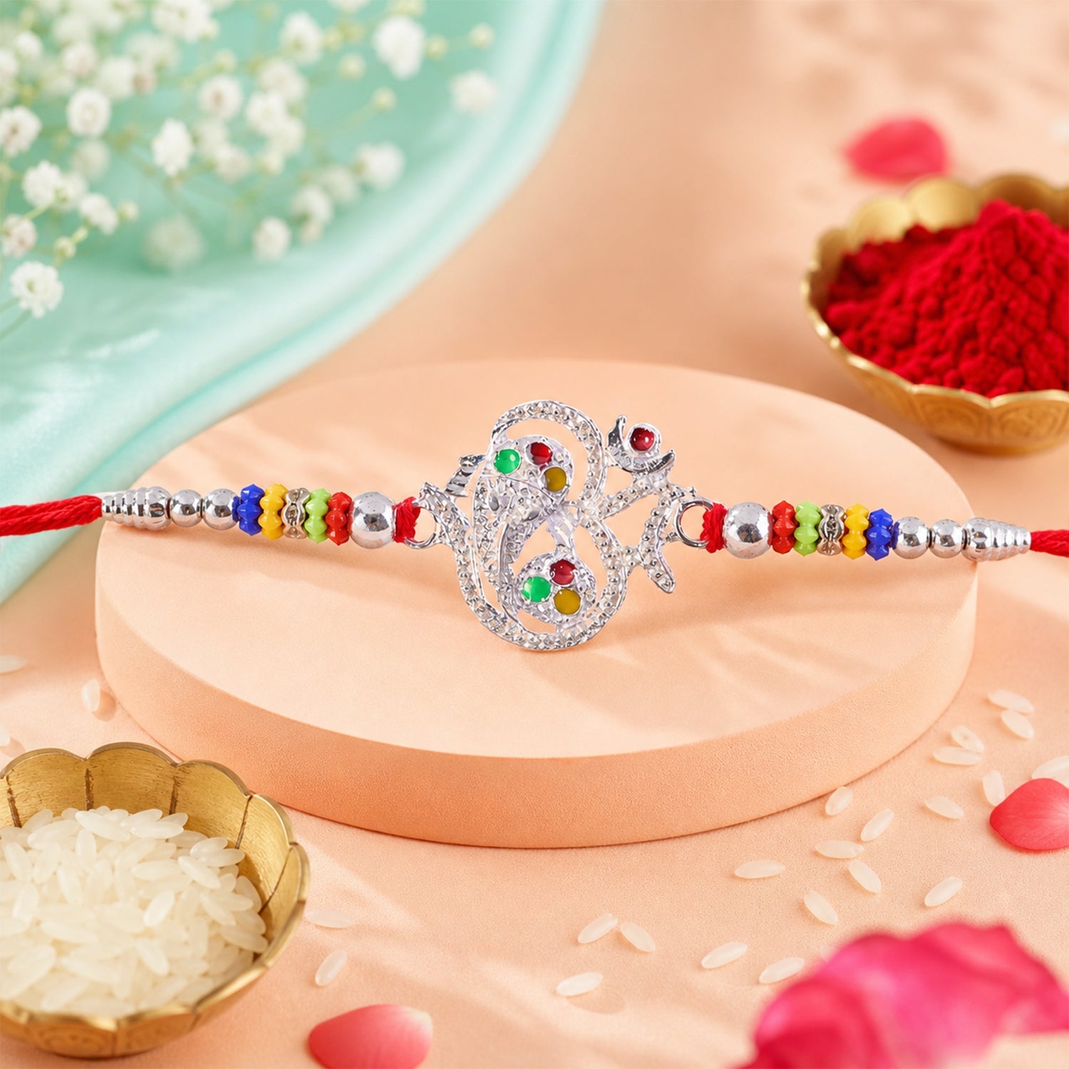Om Design Ganesha Stone Beads Designer Rakhi For Brother