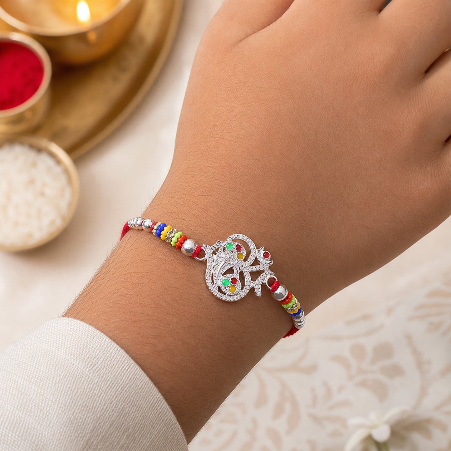 Om Design Ganesha Stone Beads Designer Rakhi For Brother