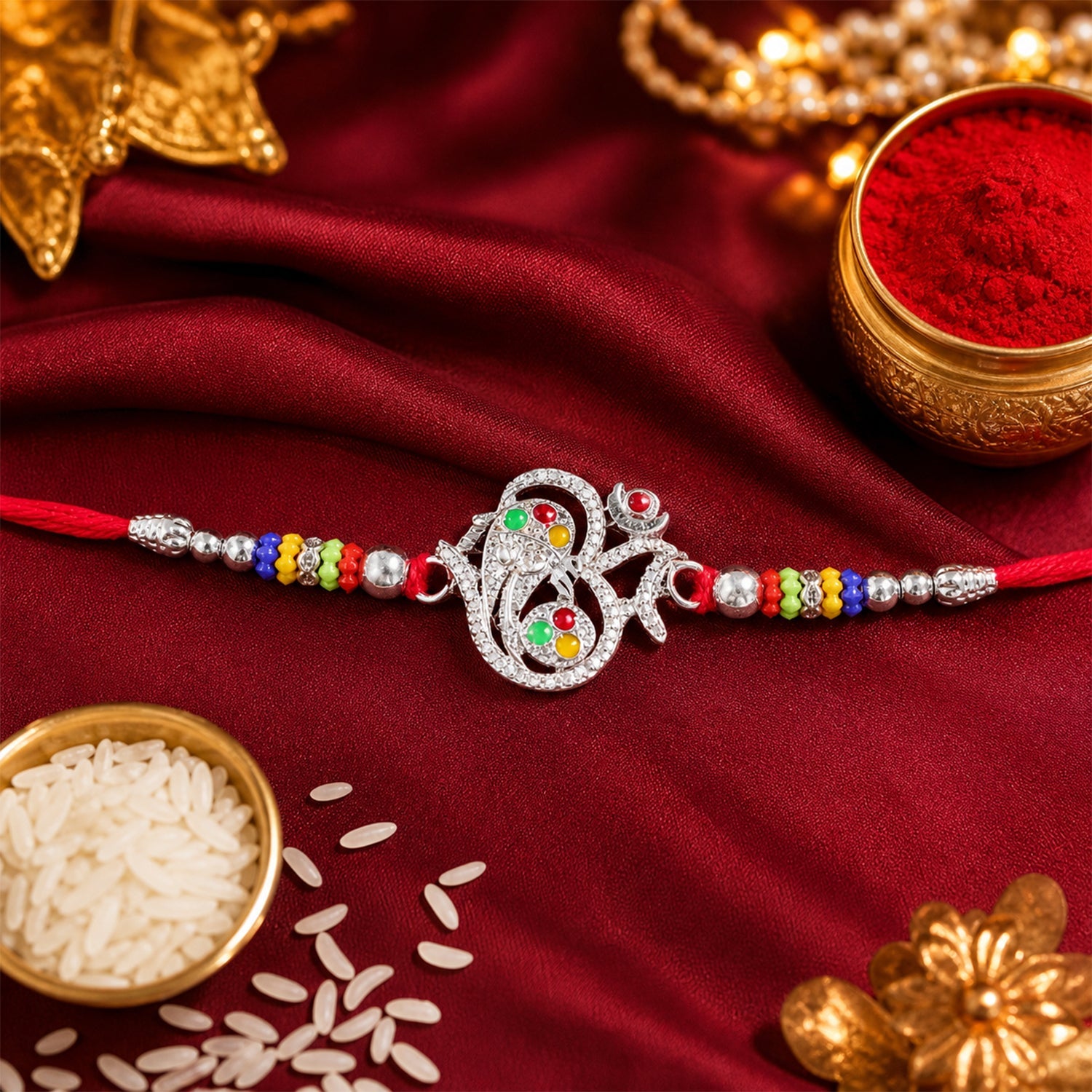 Om Design Ganesha Stone Beads Designer Rakhi For Brother