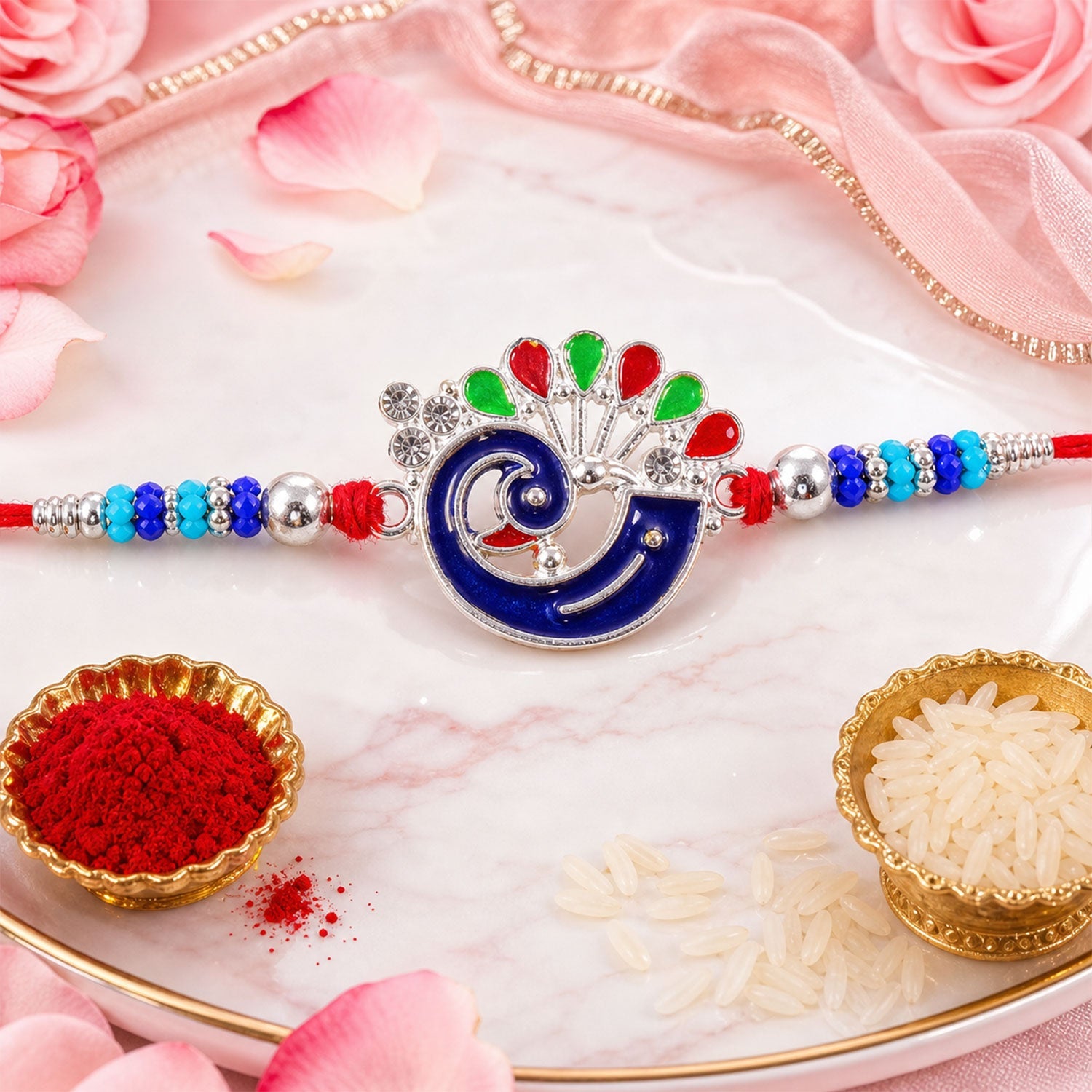 Peacock Motif Beaded Designer Premium Traditional Rakhi for Brother