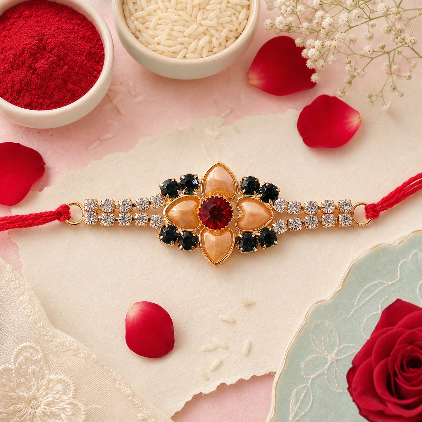 Floral Petal Stone Studded Premium Designer Rakhi for Brother