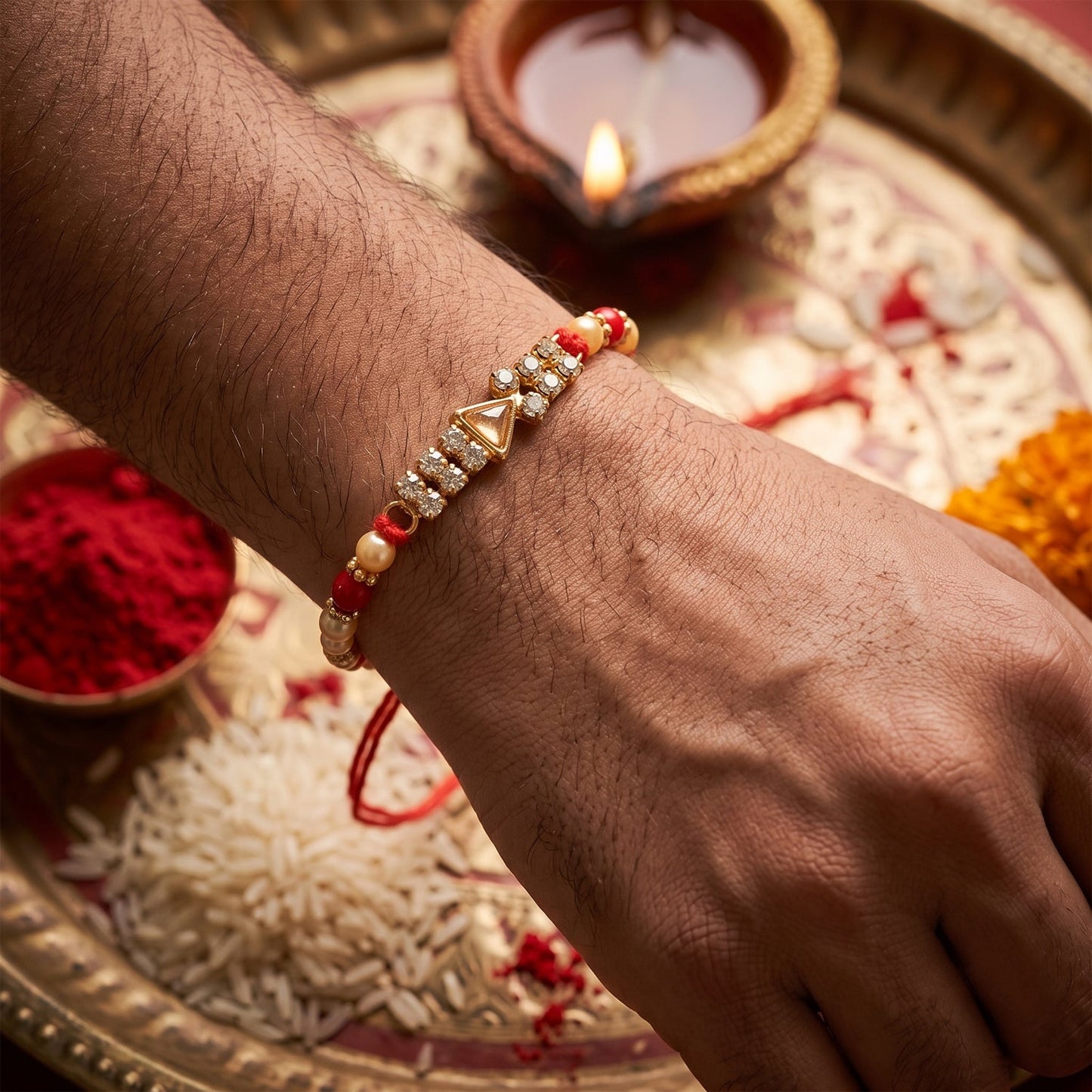 Diamond Stone Beads Charm Rakhi for Brother Bhai Raksha Bandhan Festival Special Gift