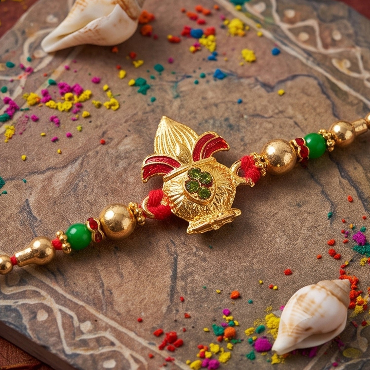 Traditional Golden Kalash Motif Rakhi with Beadwork Rakhi for Brother