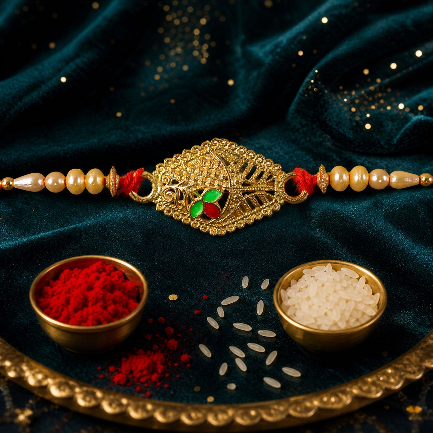 Leaf Motif Stone Studded Designer Premium Traditional Rakhi for Brother
