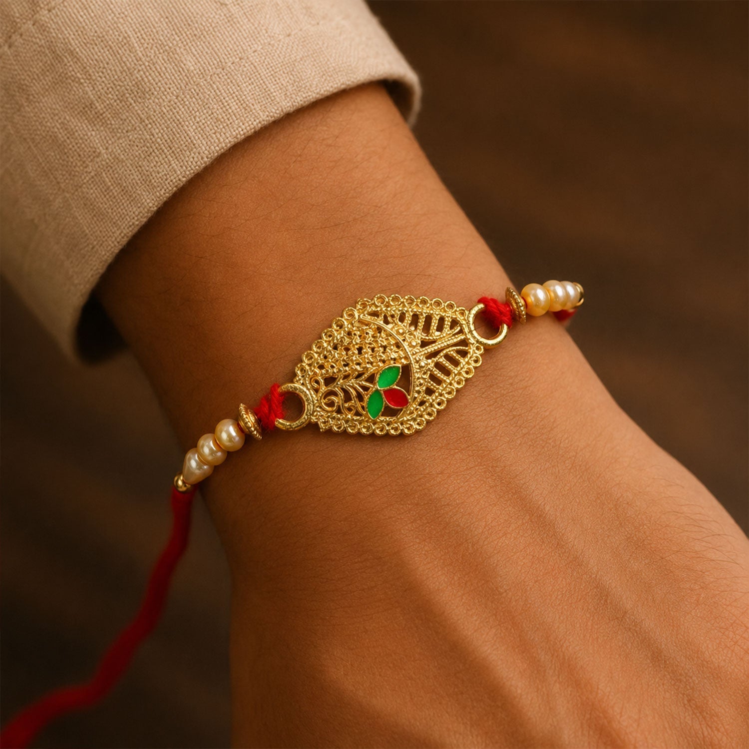 Leaf Motif Stone Studded Designer Premium Traditional Rakhi for Brother