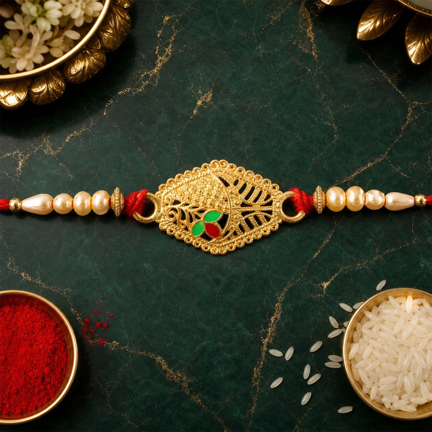 Leaf Motif Stone Studded Designer Premium Traditional Rakhi for Brother