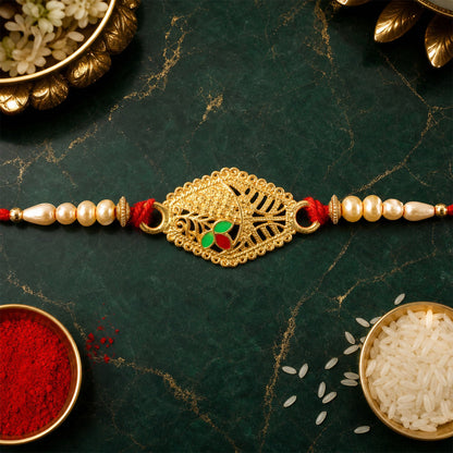 Leaf Motif Stone Studded Designer Premium Traditional Rakhi for Brother