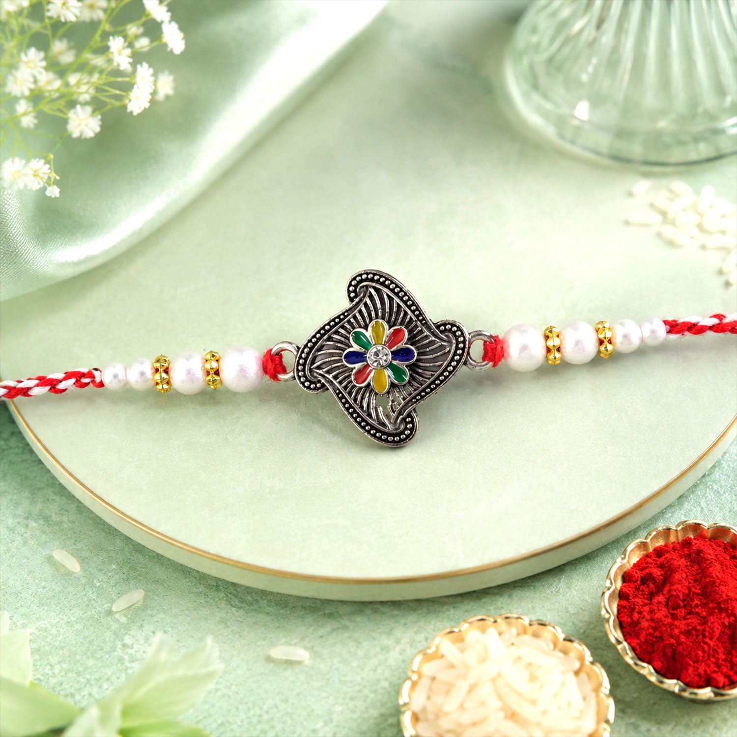 Floral Stone Studded Premium Designer Rakhi for Brother