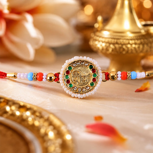 Round Shiv Charm Studded Premium Designer Rakhi for Brother