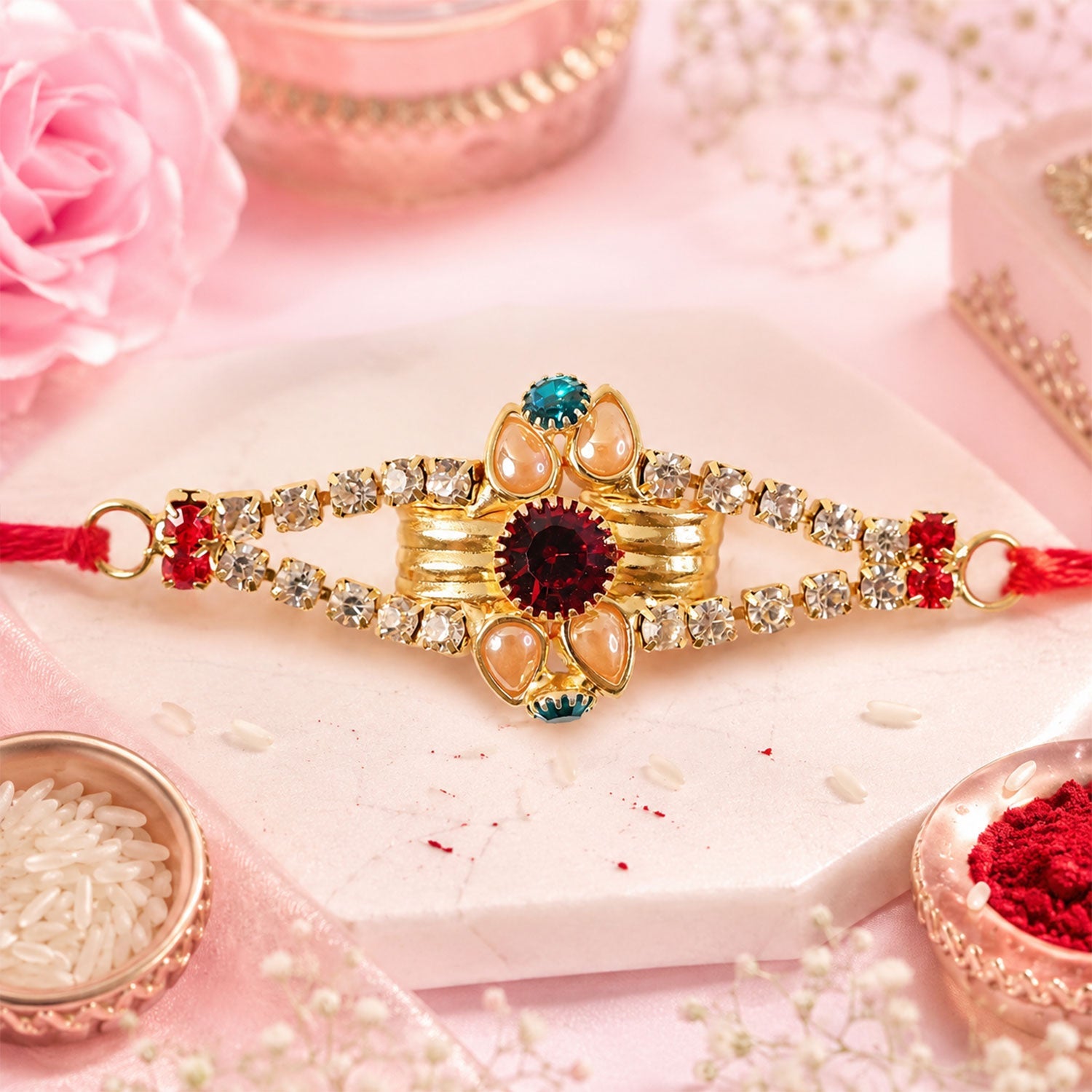 Diamond Center Stone Studded Premium Designer Rakhi for Brother