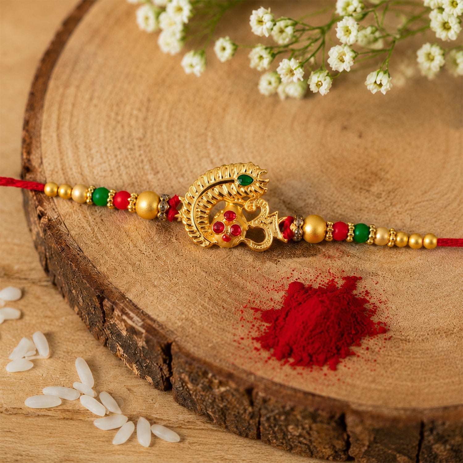 Divine Om Mor Pankh Rakhi with Kundan Stones Rakhi for Brother
