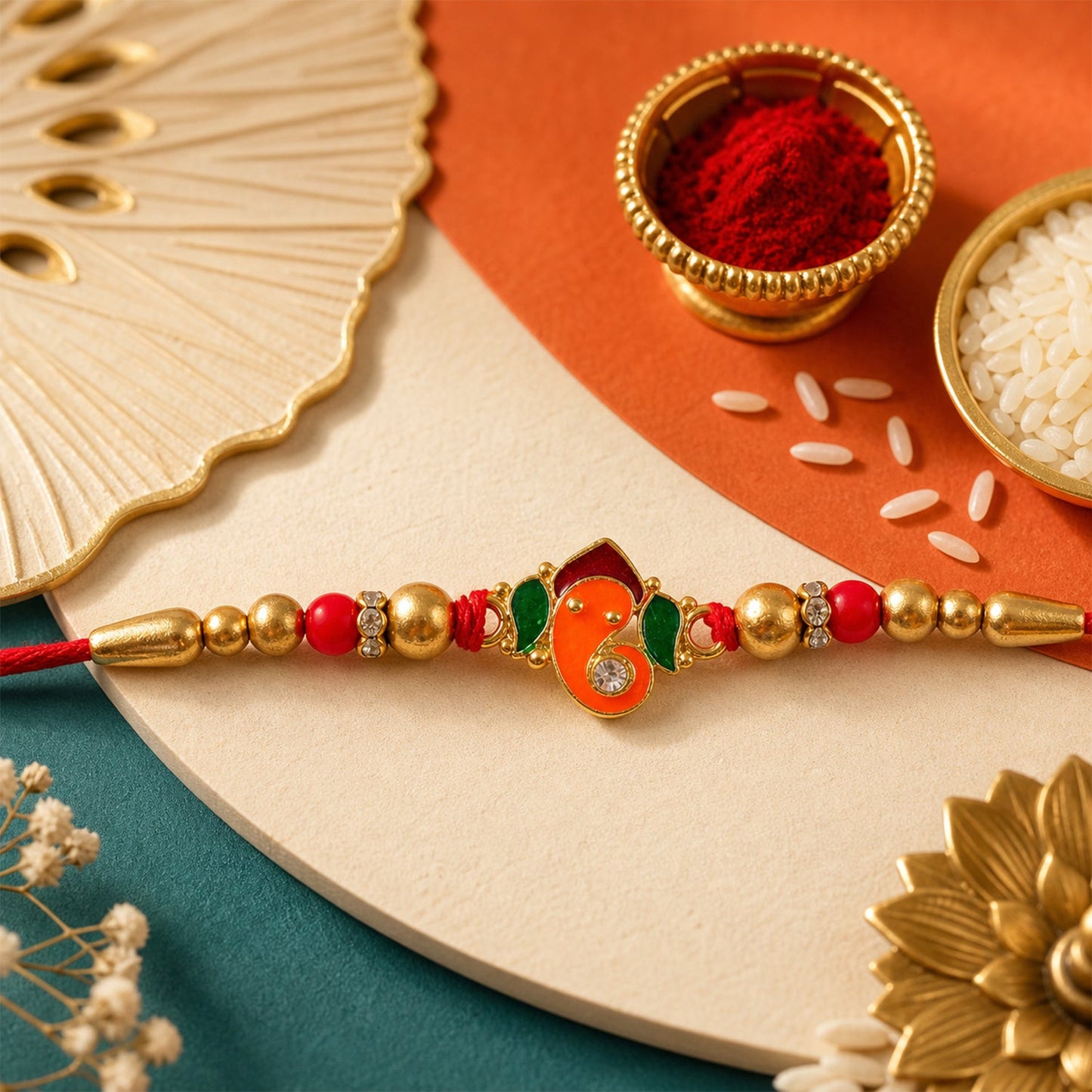 Close up of the Ganesha charm on the traditional Rakhi.