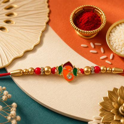 Close up of the Ganesha charm on the traditional Rakhi.