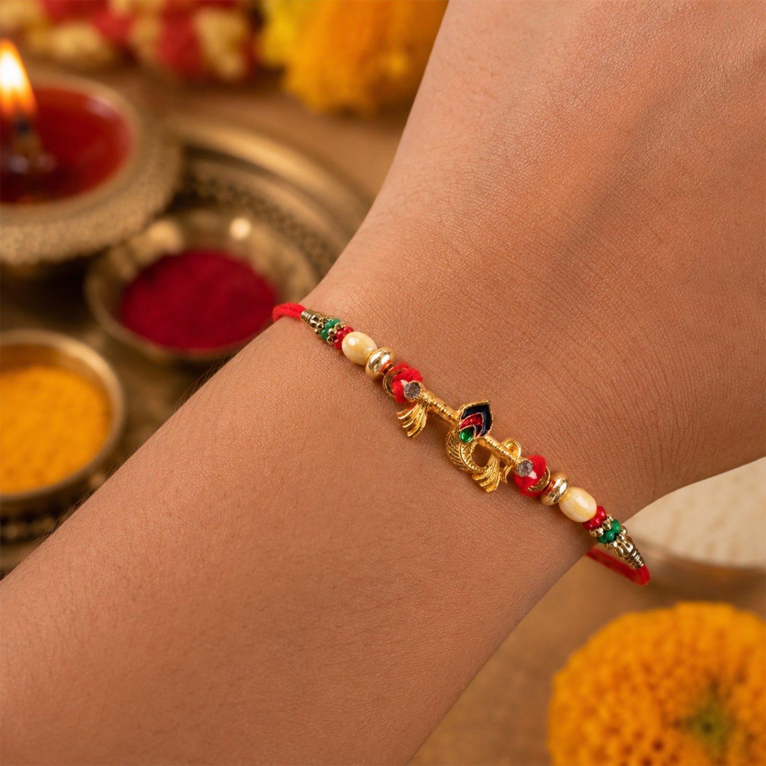 Divine Bansuri Mor Pankh Rakhi with Pearls & Beads Rakhi for Brother