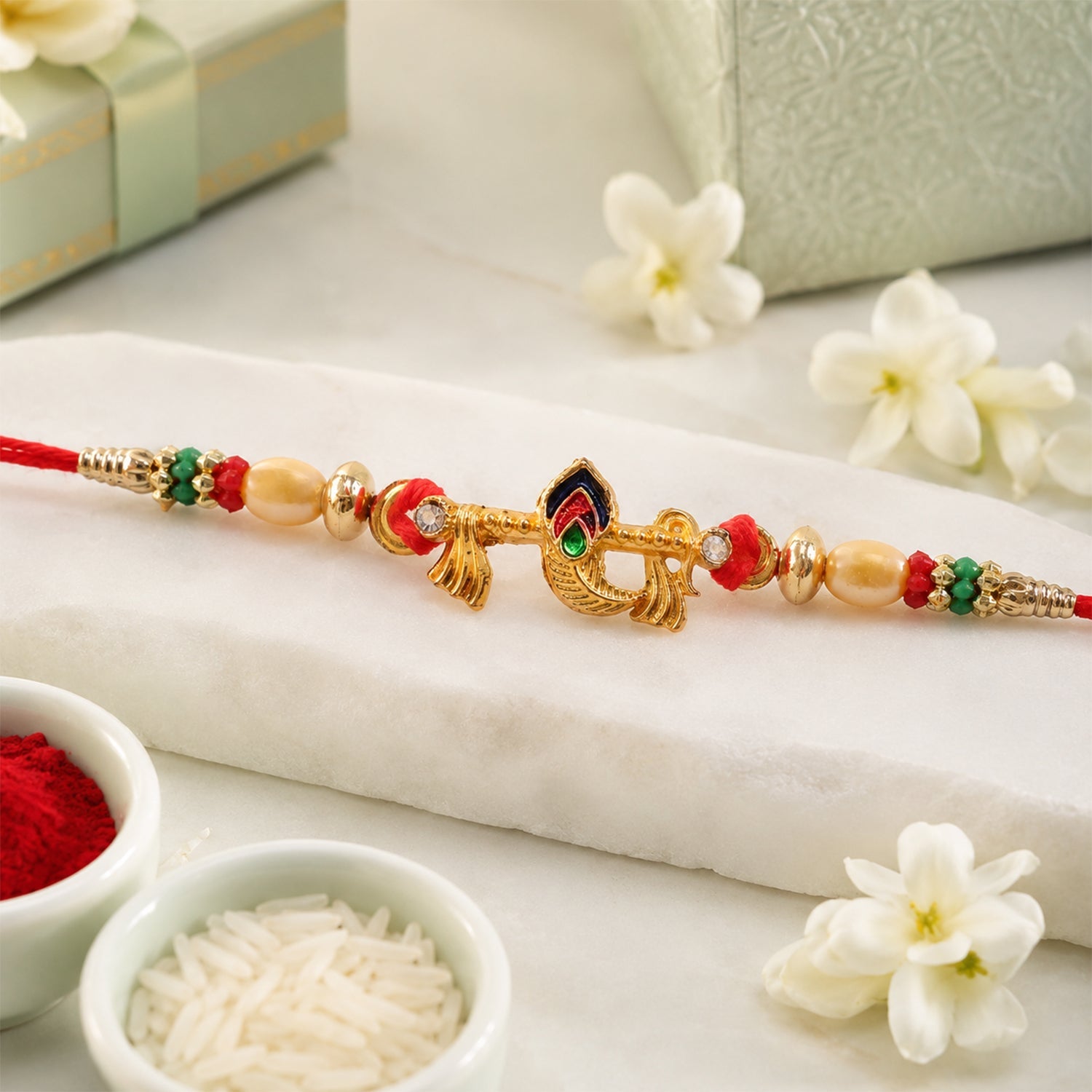 Divine Bansuri Mor Pankh Rakhi with Pearls & Beads Rakhi for Brother