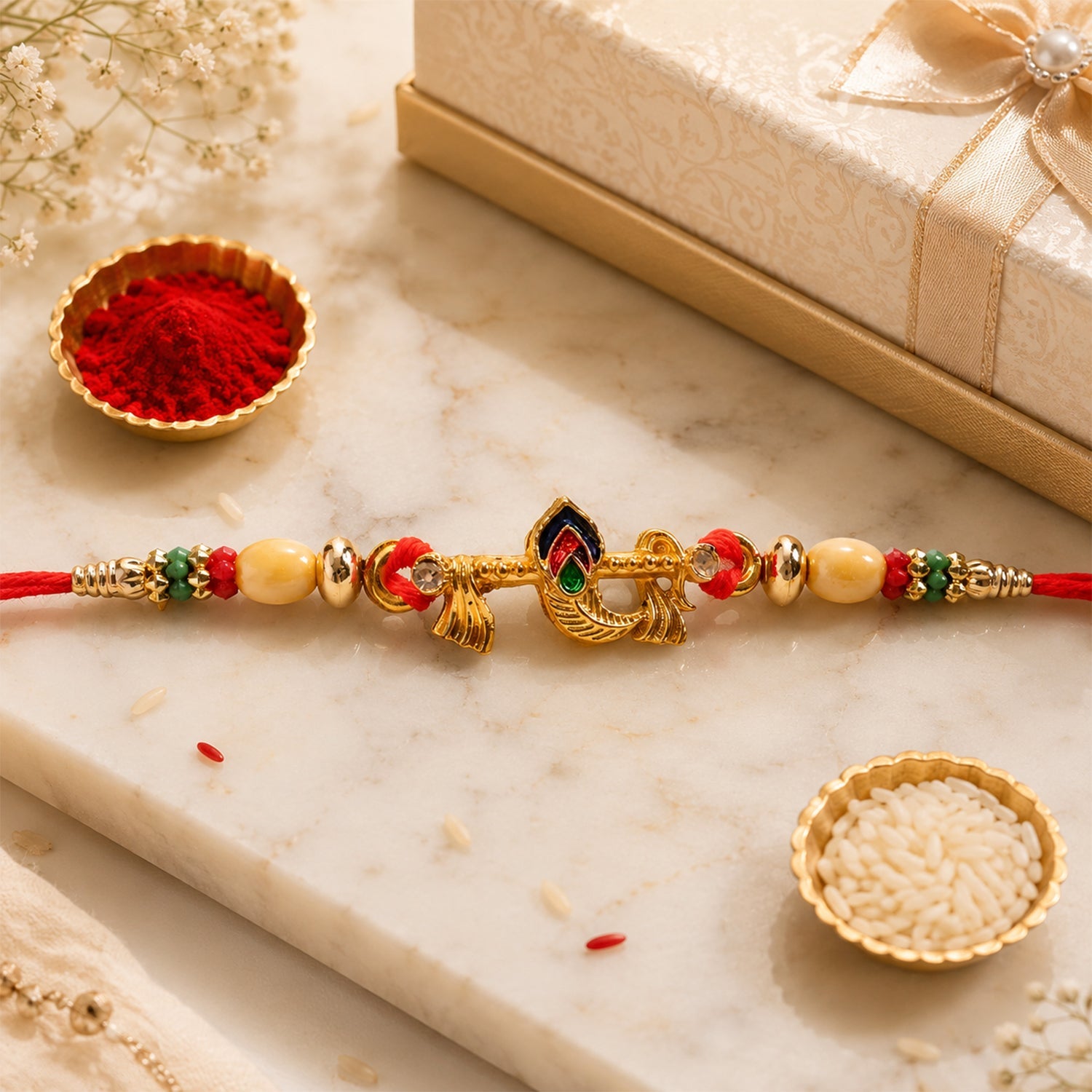 Divine Bansuri Mor Pankh Rakhi with Pearls & Beads Rakhi for Brother