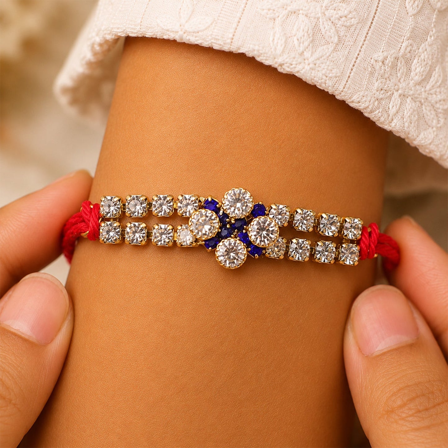 Sparkling Crystal Diamond Rakhi with Stone Studded Thread Rakhi for Brother