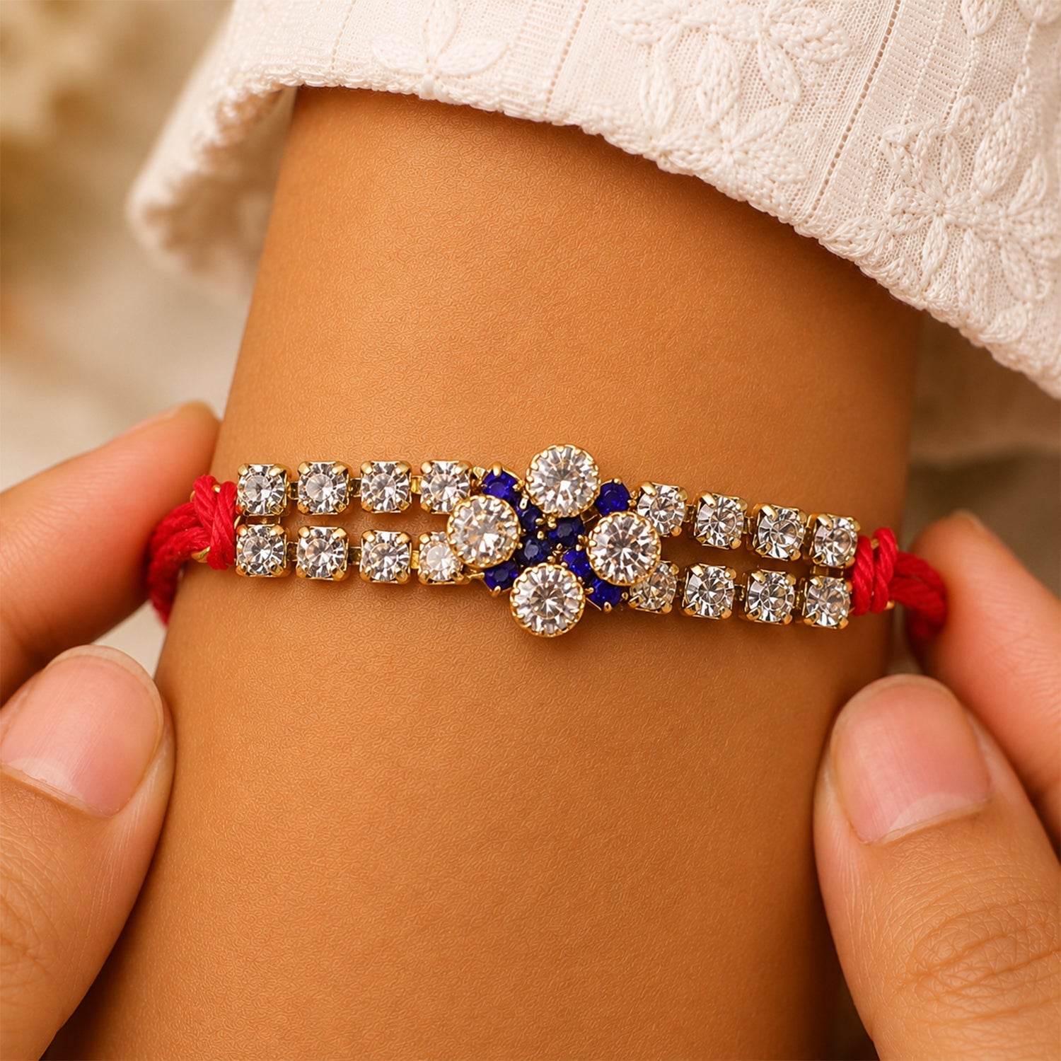 Sparkling Crystal Diamond Rakhi with Stone Studded Thread Rakhi for Brother