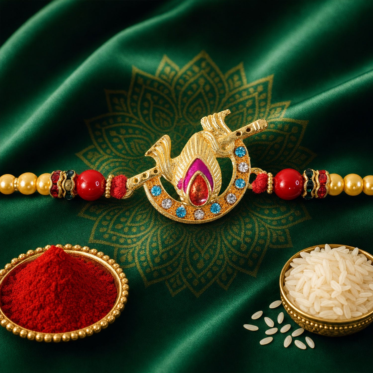 Peacock Motif Stone Studded Premium Designer Rakhi for Brother