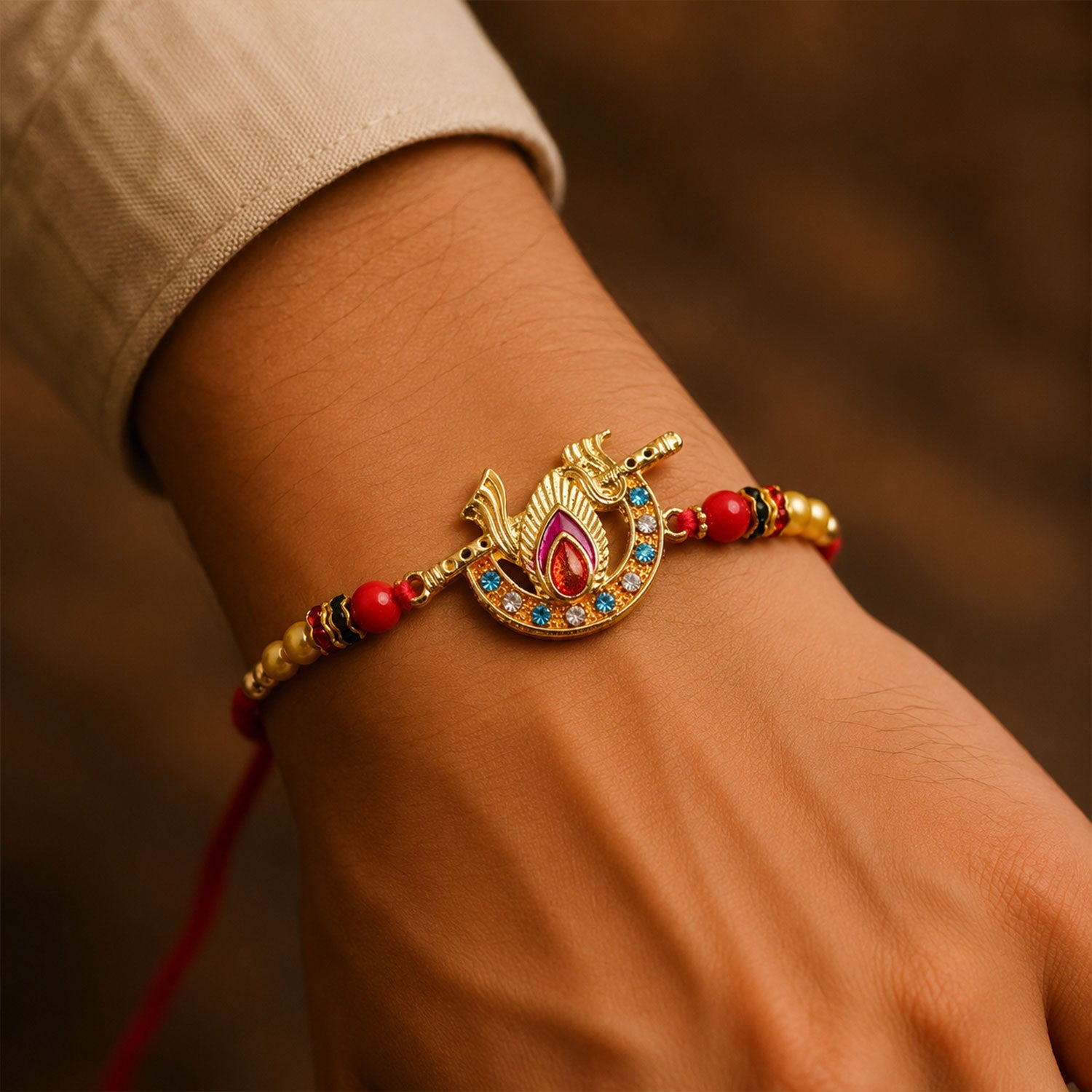 Peacock Motif Stone Studded Premium Designer Rakhi for Brother