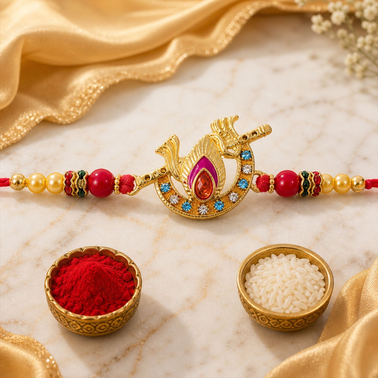 Peacock Motif Stone Studded Premium Designer Rakhi for Brother