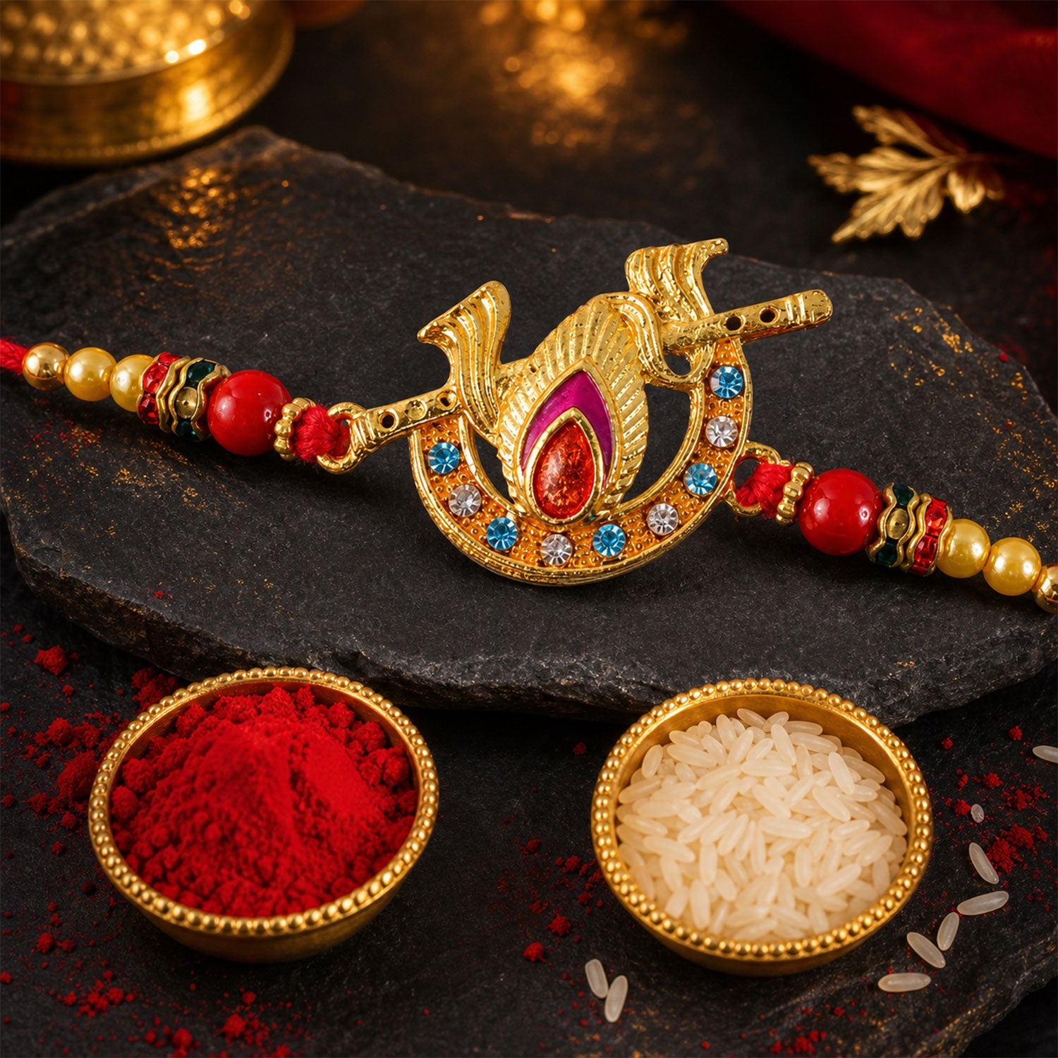 Peacock Motif Stone Studded Premium Designer Rakhi for Brother