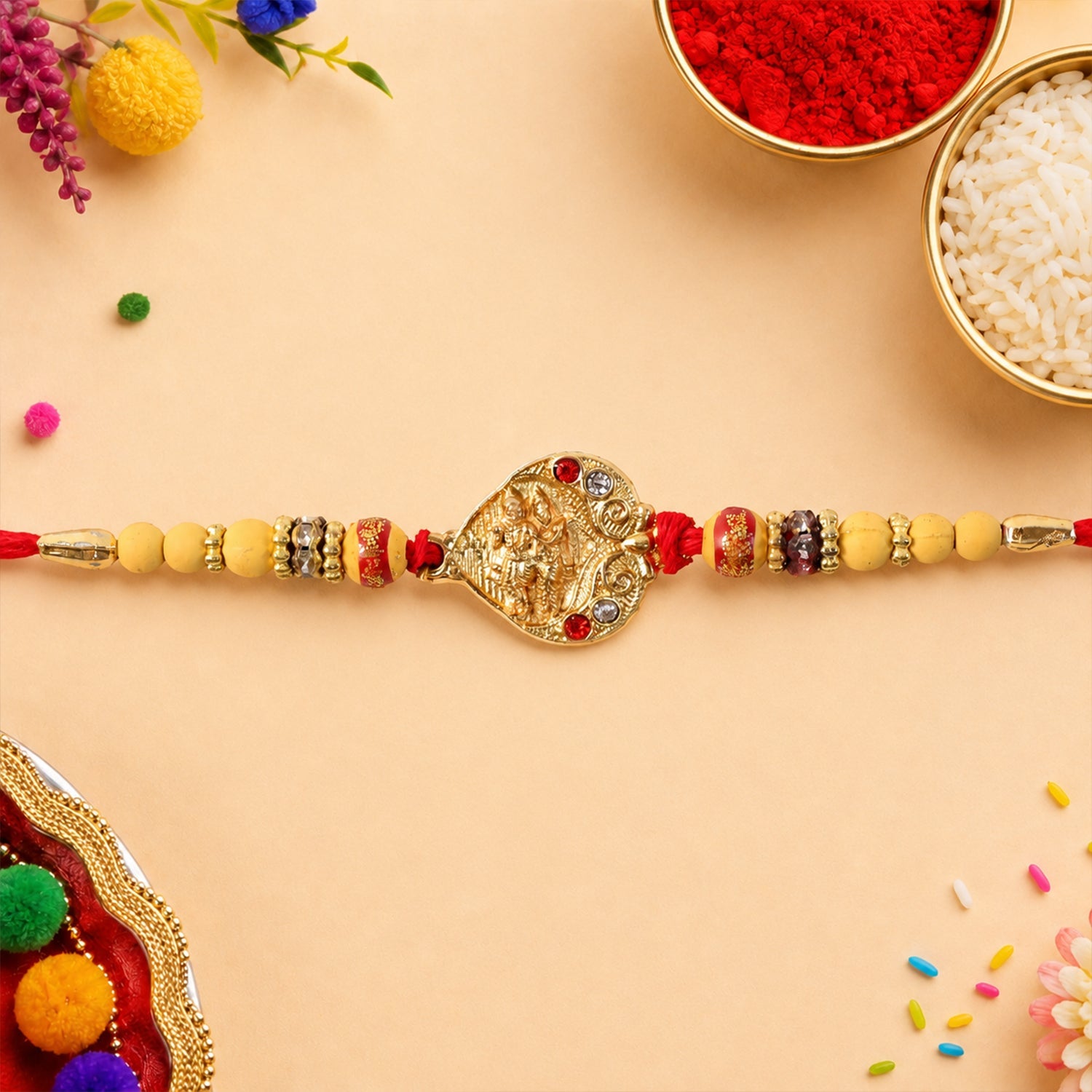 Religious Radha Krishna Rakhi with Crystal & Beads Rakhi for Brother