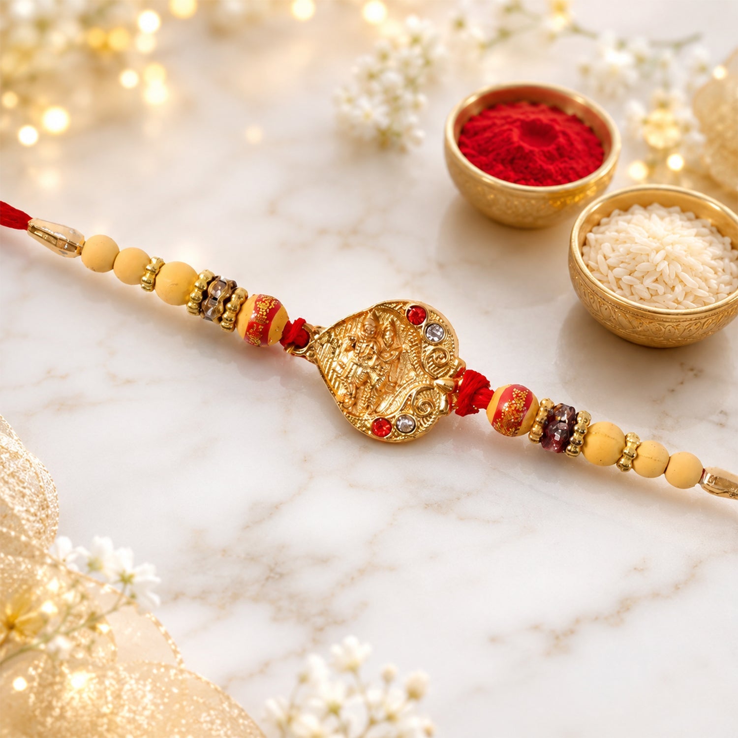 Religious Radha Krishna Rakhi with Crystal & Beads Rakhi for Brother