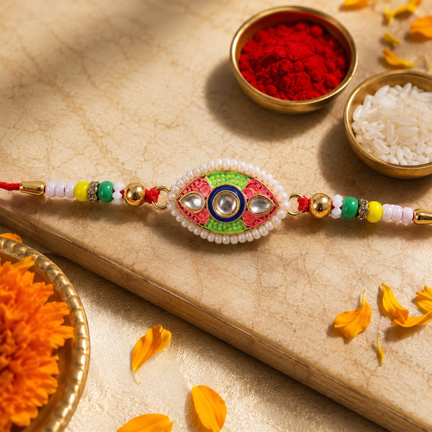 Designer Kundan Meenakari Rakhi with Pearl Border – Rakhi for Brother