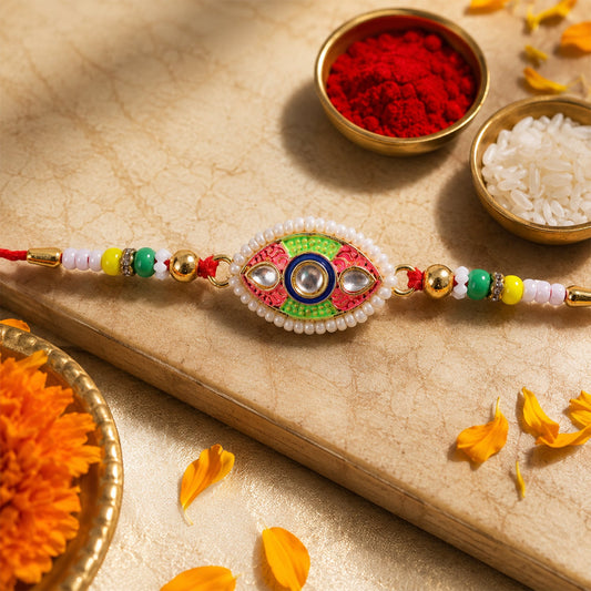 Designer Kundan Meenakari Rakhi with Pearl Border – Rakhi for Brother