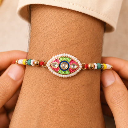 Designer Kundan Meenakari Rakhi with Pearl Border – Rakhi for Brother