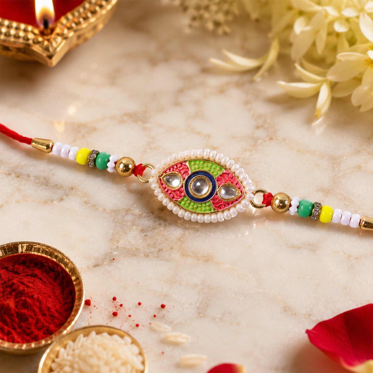 Designer Kundan Meenakari Rakhi with Pearl Border – Rakhi for Brother