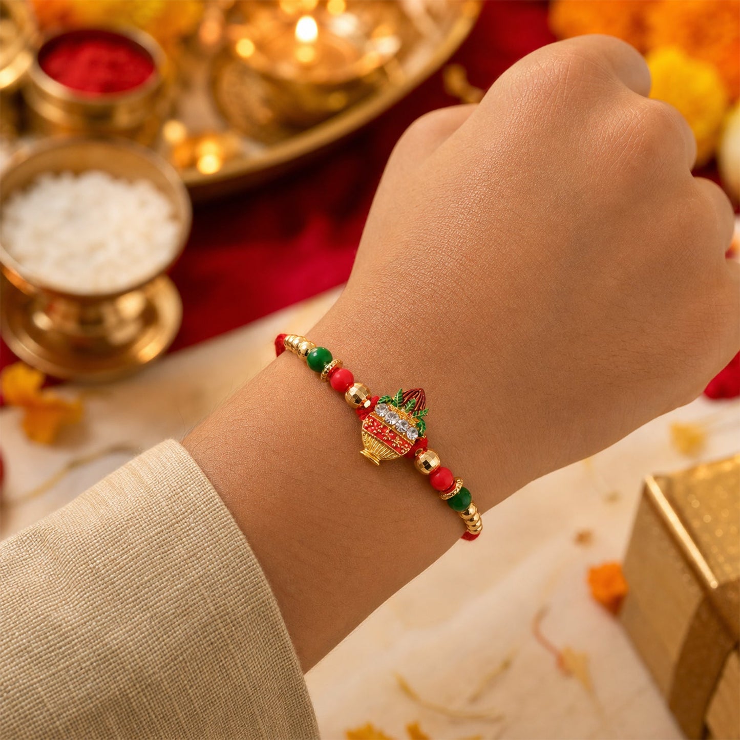 Kalas Motif Beaded Designer Premium Traditional Rakhi for Brother