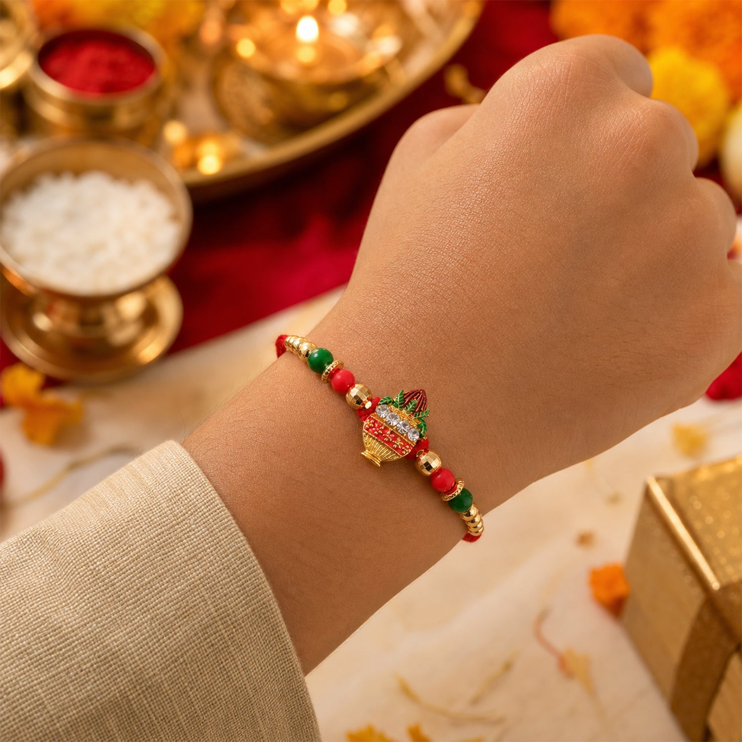 Kalas Motif Beaded Designer Premium Traditional Rakhi for Brother