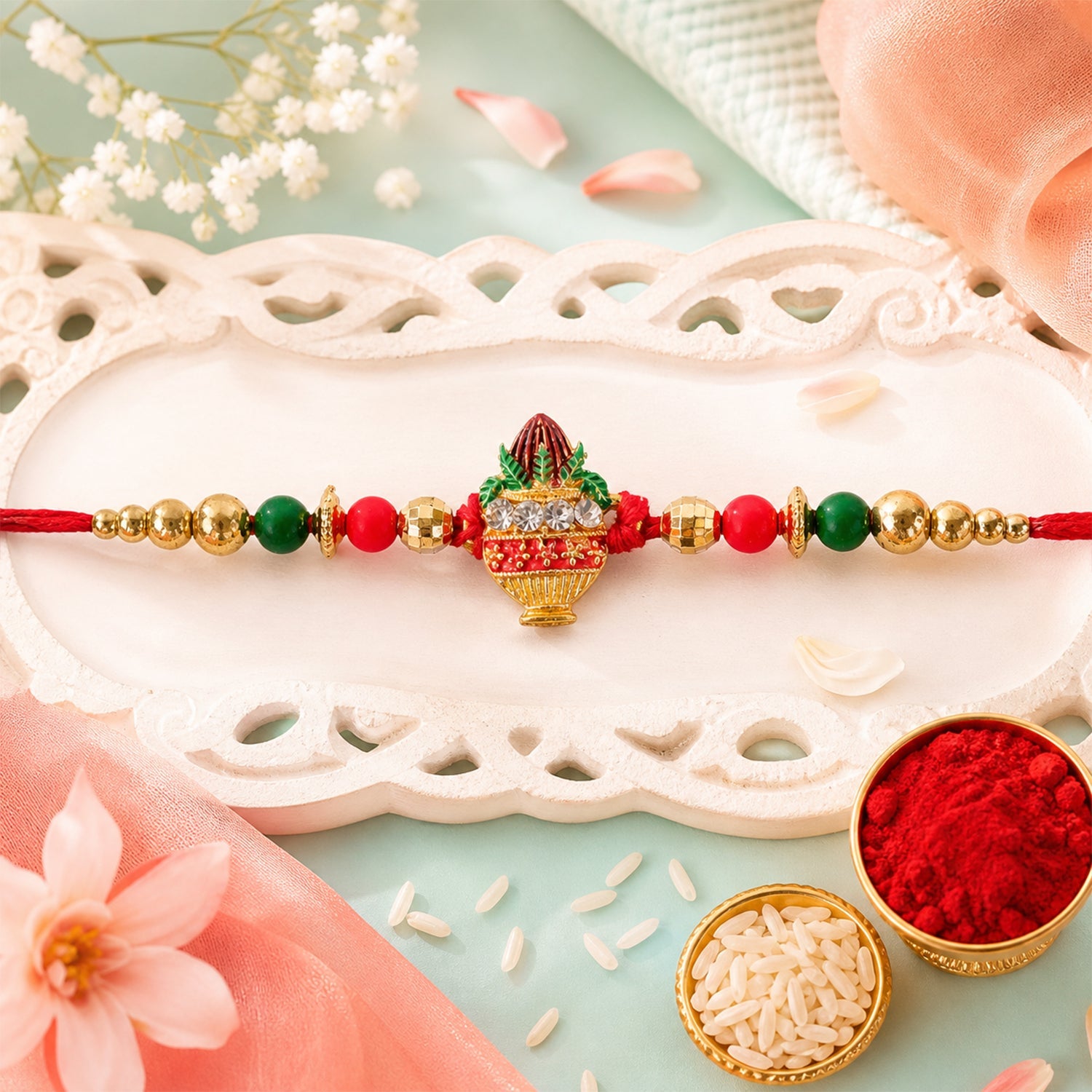 Kalas Motif Beaded Designer Premium Traditional Rakhi for Brother