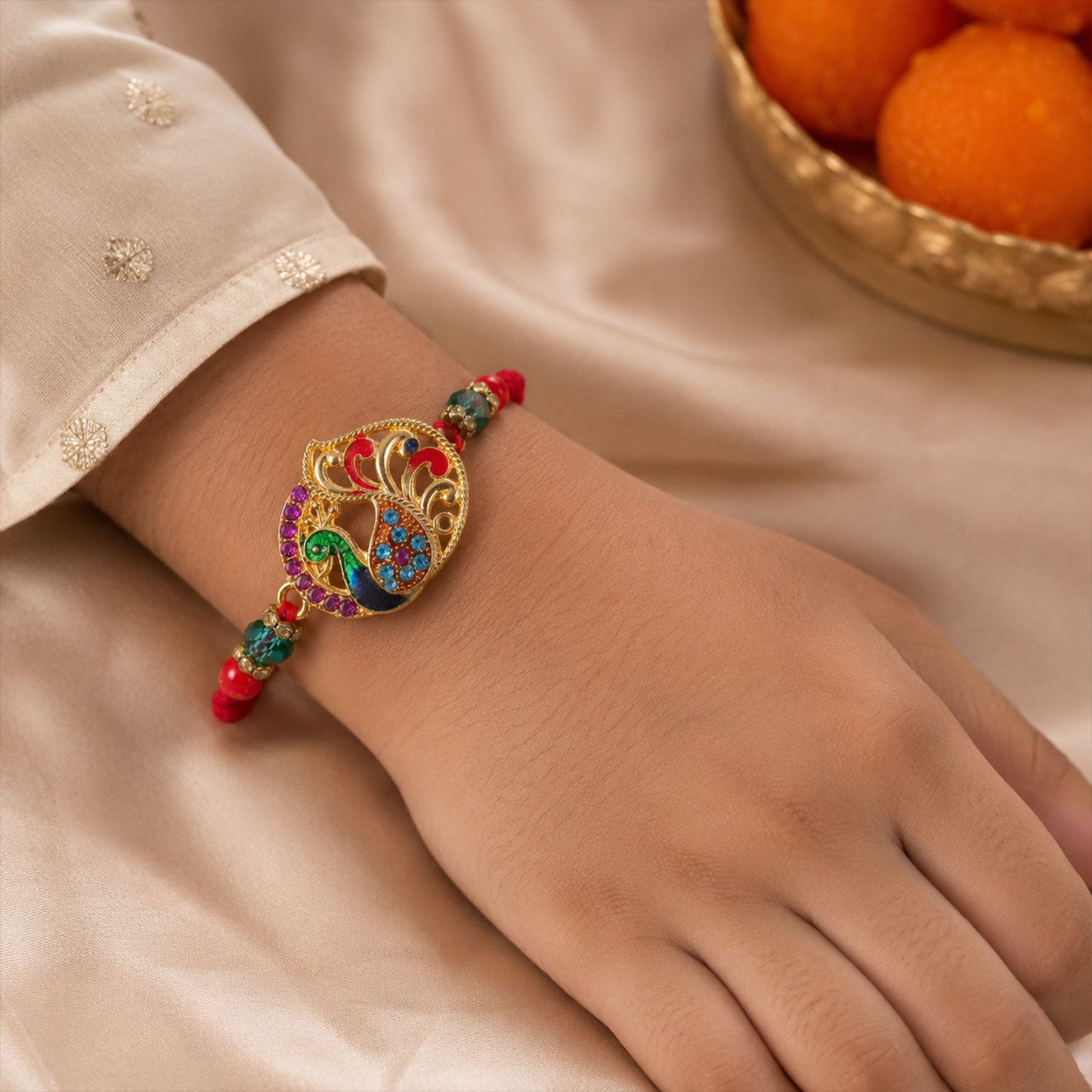 Peacock Paisley Stone Studded Premium Designer Rakhi for Brother